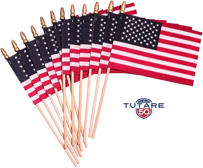 American Flags on Stick - Handheld Spearhead US Flag for 4th of July, Memorial Day Event Decorations - Patriotic Decor for Indoors & Yard - Wooden Stick, Cotton Fabric - (4"X6" - 144 Pack)