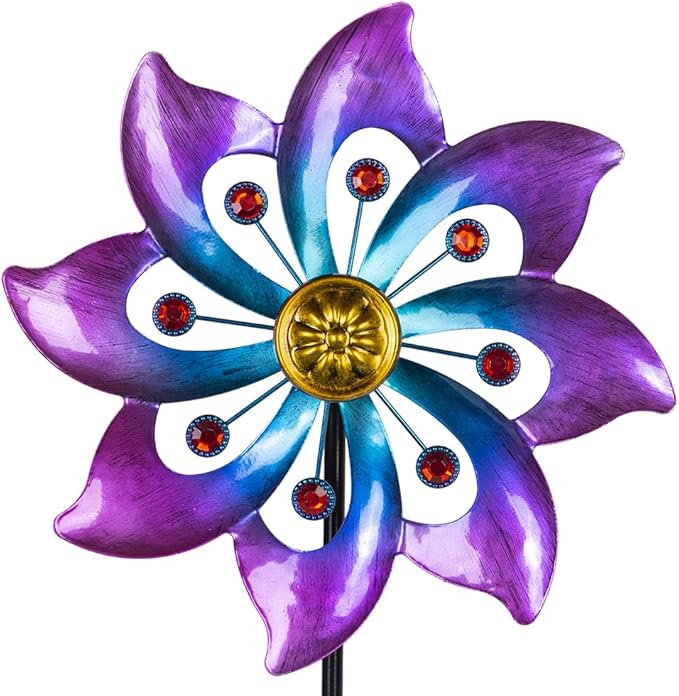 VEWOGARDEN Garden Metal Flower Wind Spinners Outdoor, Kinetic Wind Sculptures & Spinners for Yard Lawn Patio Decorations, Blue-Purple