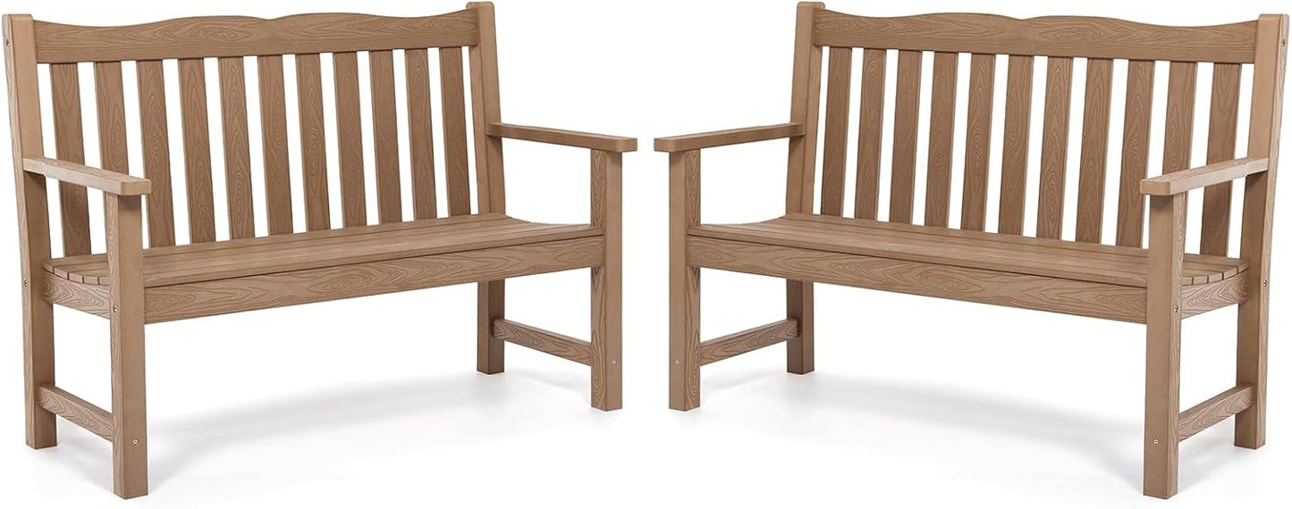 Outdoor Benches Set of 2, 2-Person Poly Lumber Garden Bench, Never Rot or Fade, Looks Like Real Wood, Teak