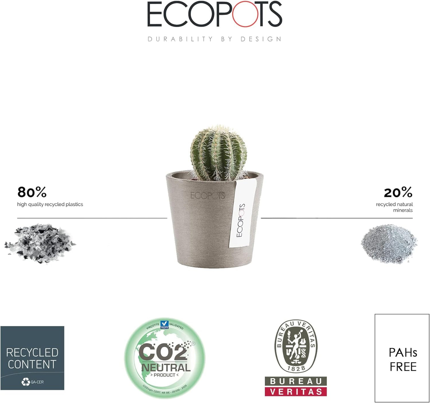 Ecopots Amsterdam Mini Durable Modern Round Recycled-Based Composite Flower Pot Planter, Taupe, 3"