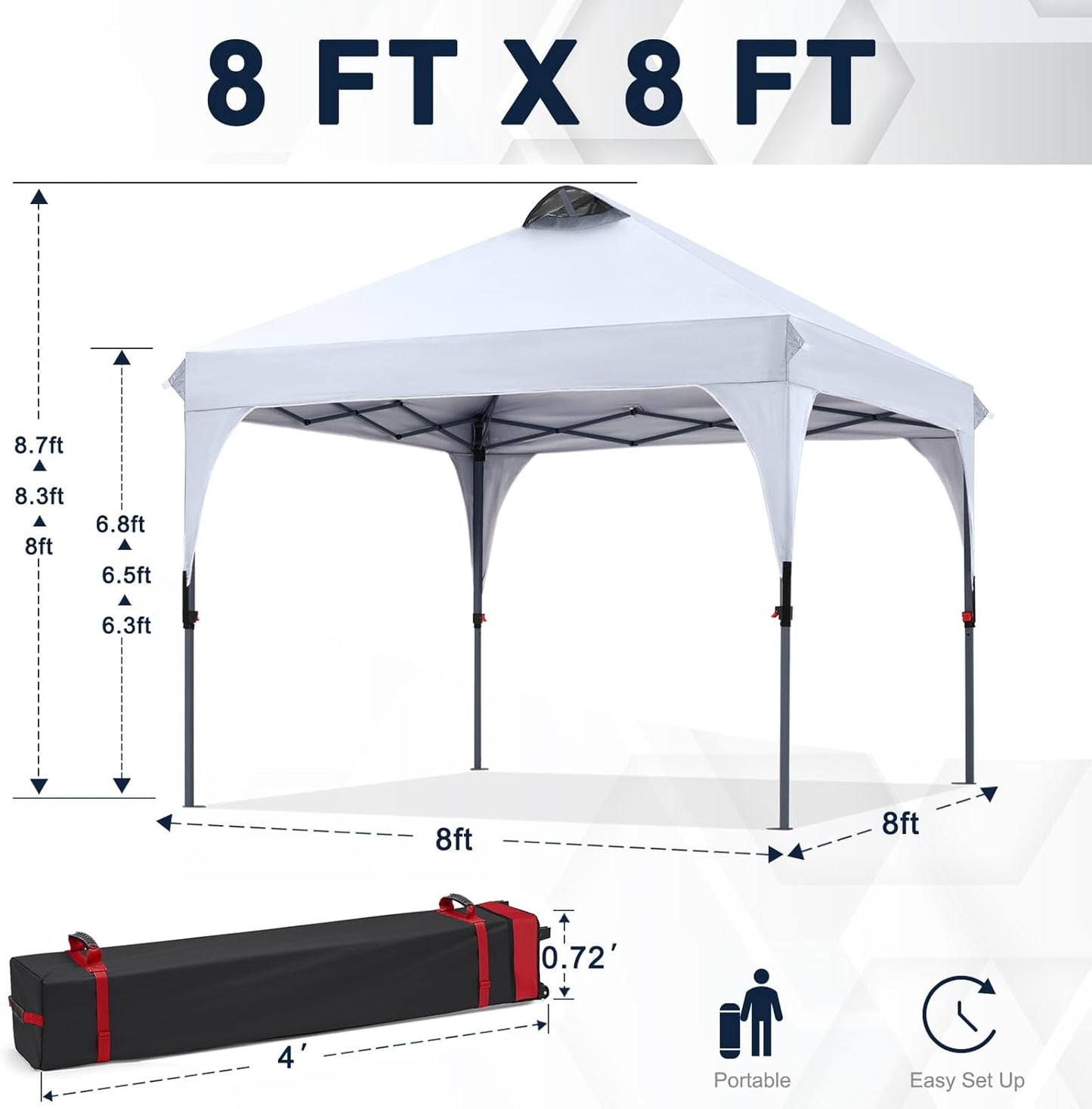 COOSHADE Pop Up Canopy Tent, 8x8 Easy Setup Instant Canopy Sun Shelter Beach Tent, Portable Sports, White