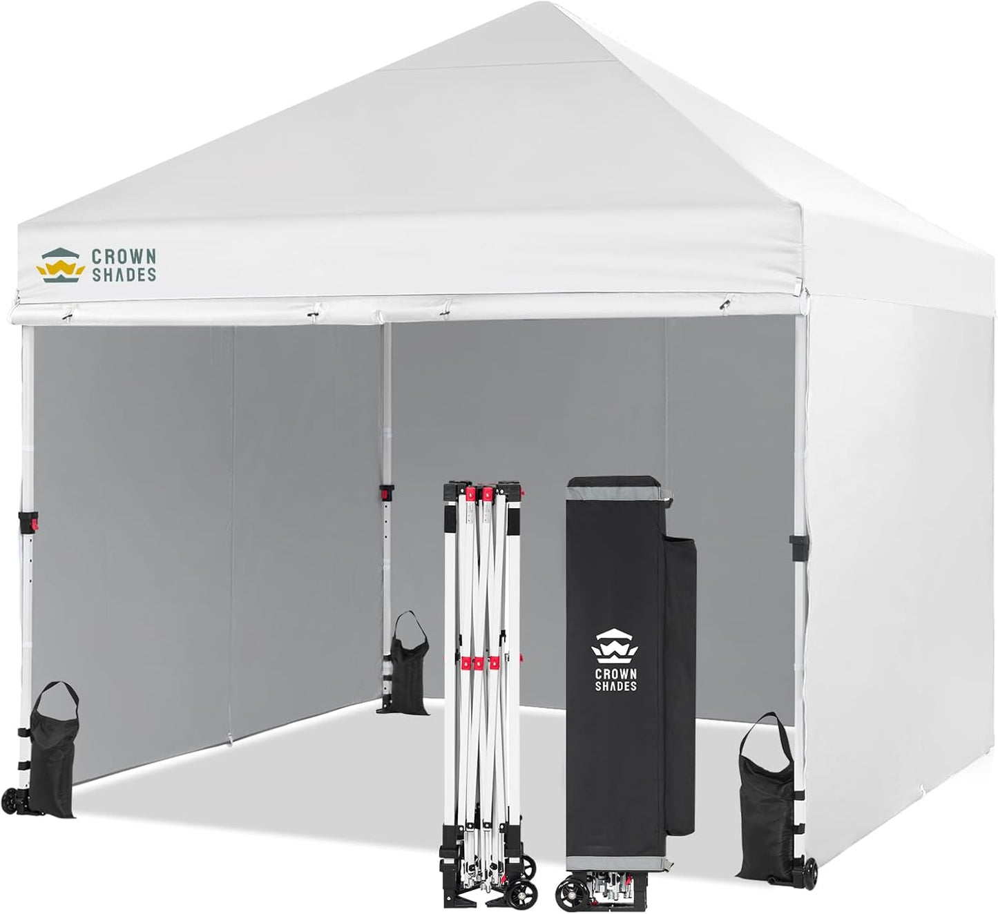 CROWN SHADES 10x10 Pop Up Canopy Tent Instant Commercial 1-Person Setup Patended Centerlock with 400D Fabric, 4 Sidewalls, 4" Wheels, 4 Upgraded Weights, Sto'N Go Bag, White