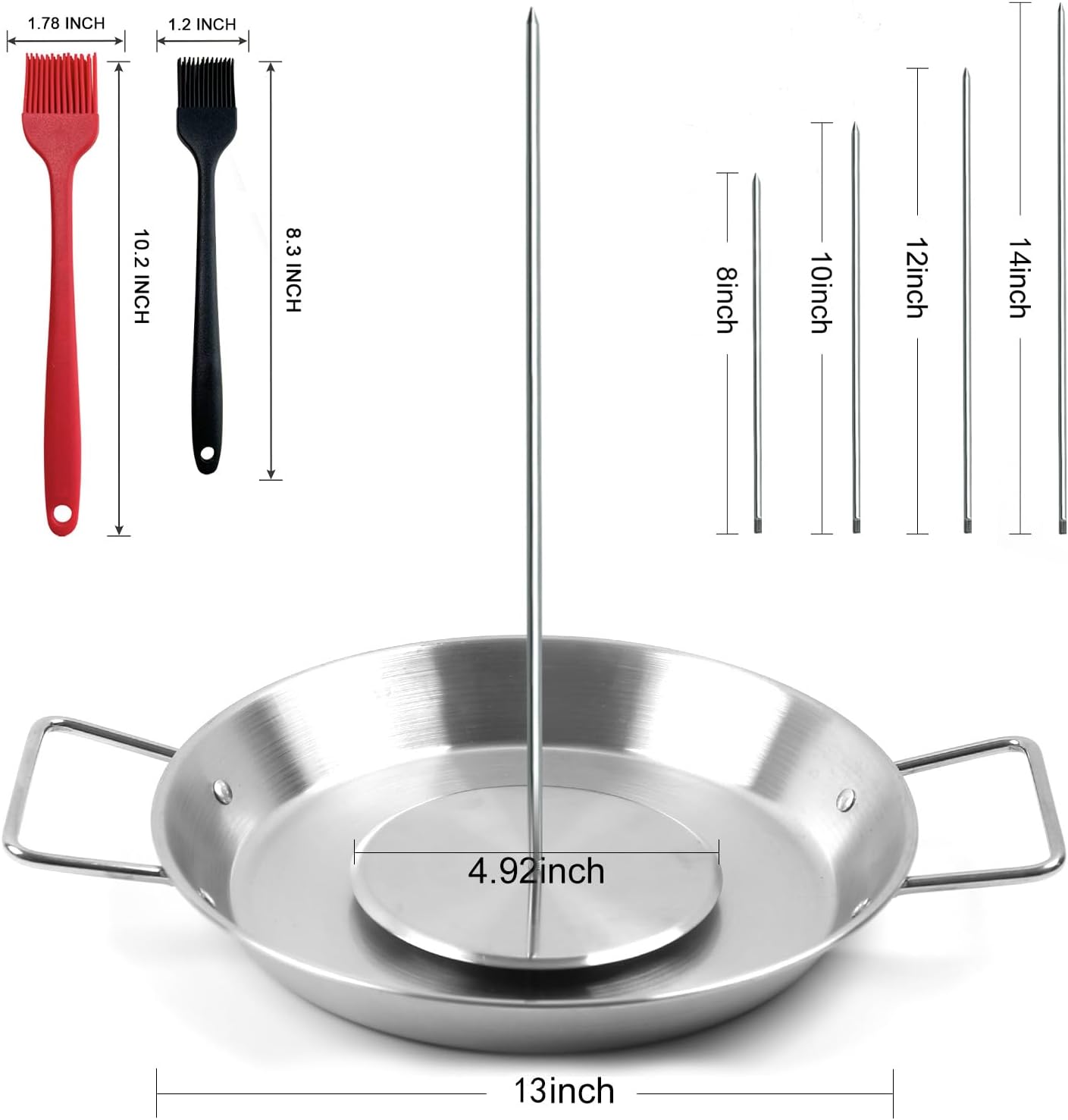 Fengzhe Al Pastor Skewer for Grill: Extra Large 13" Stainless Steel Vertical Skewer, Brazilian Spit Stand with 4 Spikes, 2 Brushes, for Tacos Al Pastor, Shawarma, Kebabs, with Fat Separator Tray