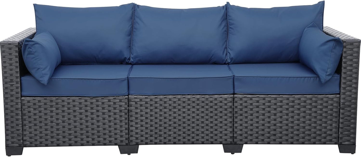 Rattaner Outdoor Furniture Outdoor Couch Patio Furniture 3-seat Sofa Deep Seat Hight Backrest with Waterproof Cover and Anti-Slip Cushions, Navy Blue