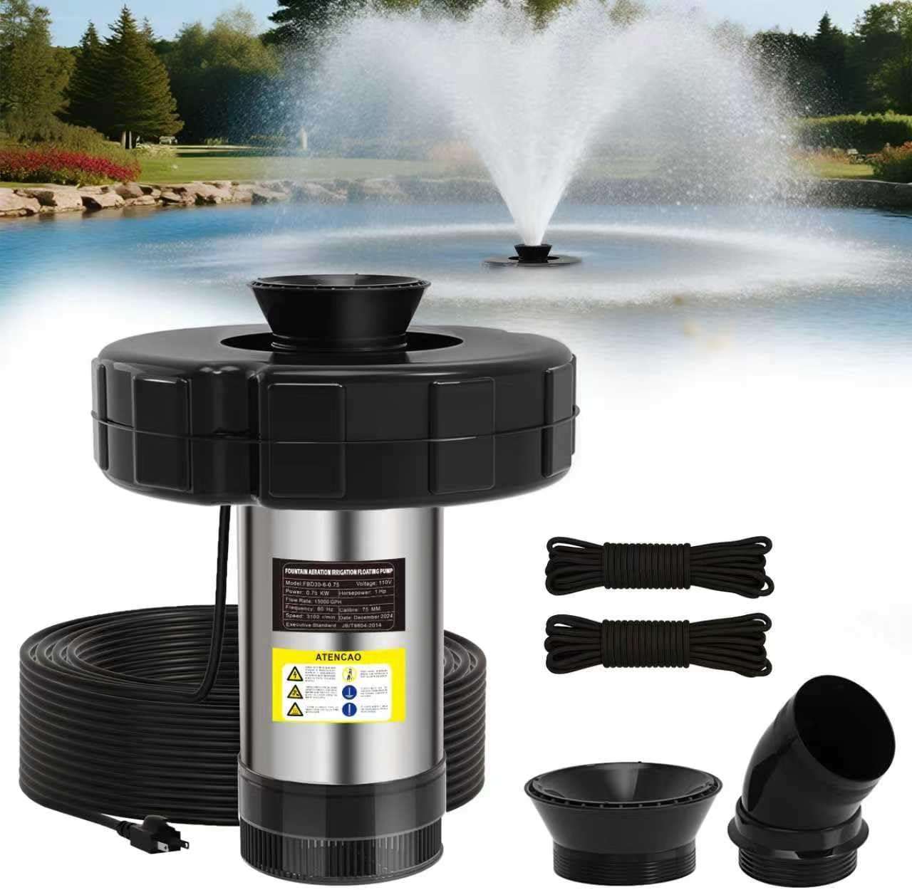 15000 GPH Pond Fountain Aerator, 110V Floating Pond Fountain Pump with Stainless Steel Body, Pond Aerator Pump for Small & Large Ponds and Lakes (Black)