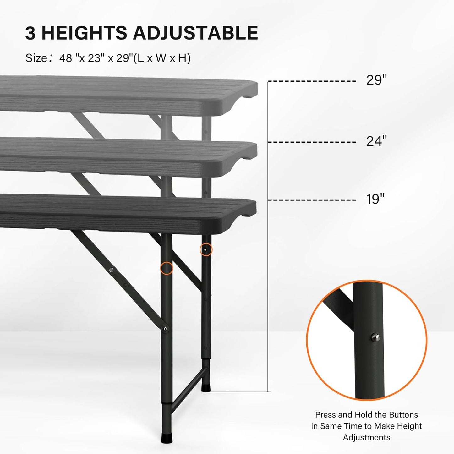 VINGLI 4 FT Plastic Folding Camping Table,3-Level Adjustable Height, Portable in/Outdoor Party Picnic Dining Desk,Off-White Garden Soccer Multipurpose Entertaining Activities, Black
