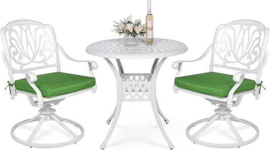 VIVIJASON 3-Piece Patio Furniture Dining Set, Outdoor All-Weather Cast Aluminum Bistro Set, Include 2 Swivel Chairs and 31" Round Table w/Umbrella Hole for Balcony, Lawn, Garden, Backyard, White