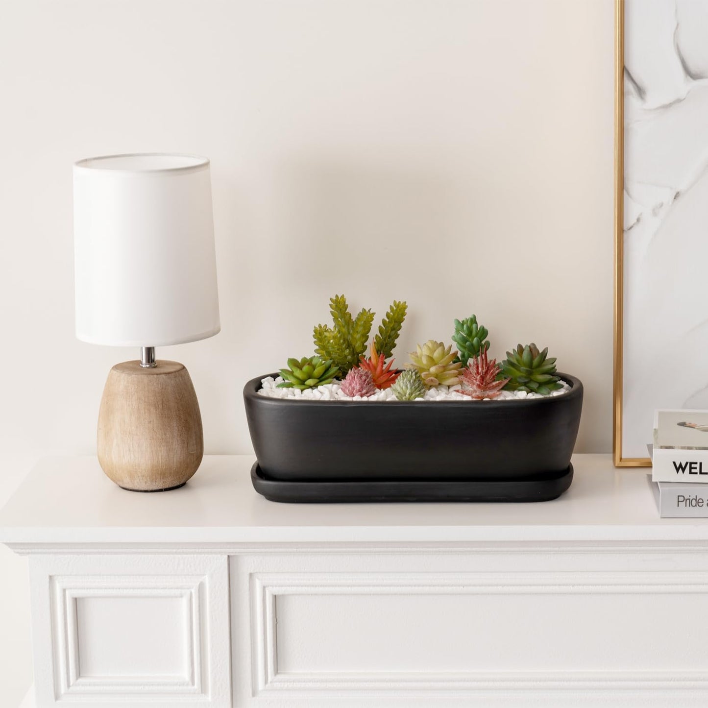 MyGift 14 Inch Oval Modern Matte Black Ceramic Succulent Planter Pot with Drainage Hole and Removable Saucer, Decorative Indoor House Plant Container for Flowers, Cactus, Herbs