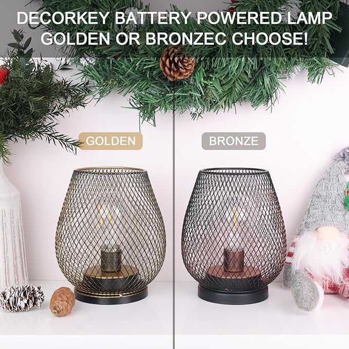 DECORKEY Set of 6 Battery Operated Lamp LED Table Lantern, Brown Metal Cage Cordless Lamps with LED Bulb，Vintage Decorative Outdoor Lantern for Weddings, Parties, Patio, Events for Indoors Shelf Decor