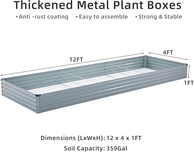 12x4x1FT Galvanized Raised Garden Beds Kit Large Outdoor Metal Gardening Planter Box for Vegetable Elevated Flower Herbs, Gray
