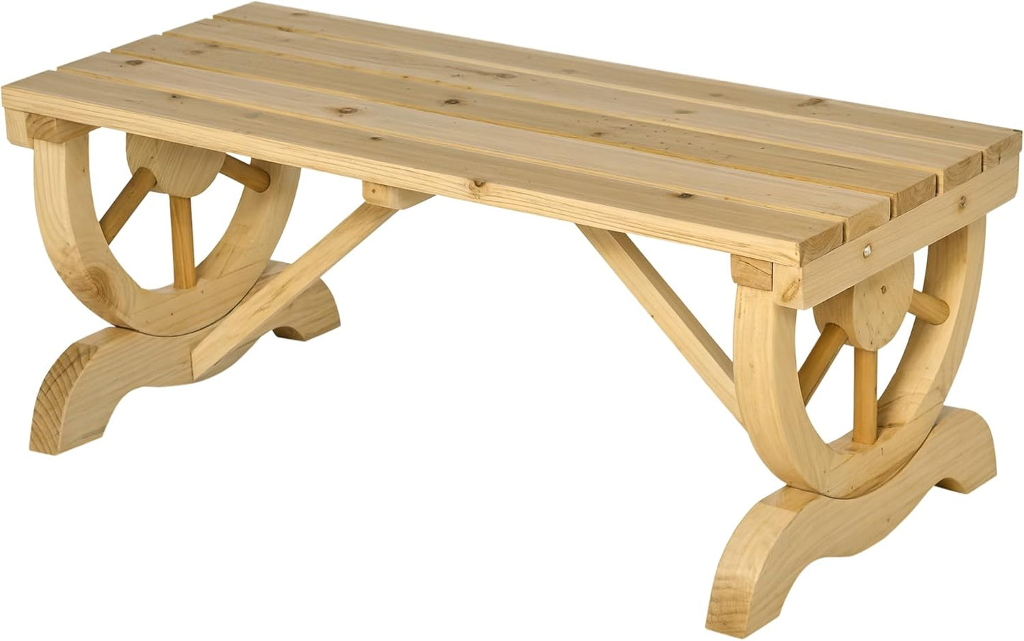 Outsunny 2-Person Wooden Garden Bench, Outdoor Wagon Wheel Porch Bench for Backyard Garden, Support 550 LBS, Rustic Country Style Patio Furniture, Natural Wood