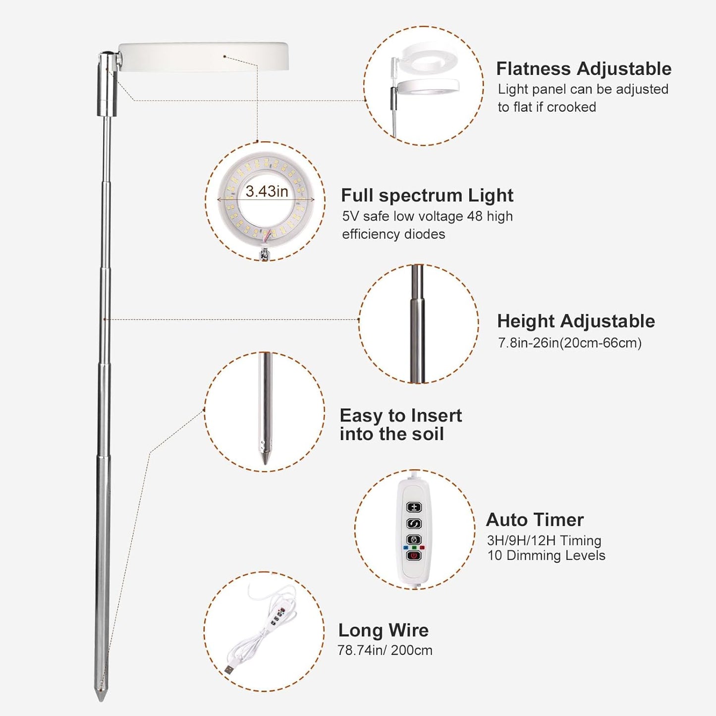 Grow Lights for Indoor Plants Small Potted - Full Spectrum, Auto 3/9/12H Timer, 10-Level Dimming & Adjustable Height - Compact Grow Light for Succulents, Herbs, Foliage in Home/Office (White,1PACK)