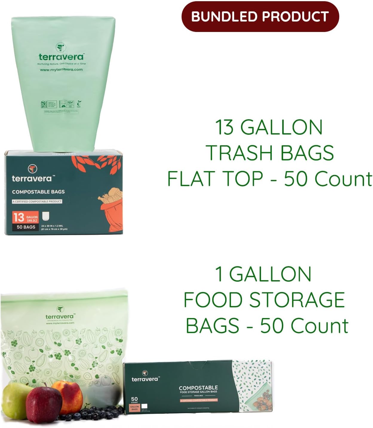 Compostable Trash Bags with Handles | BPI & OK Home Certified ASTM D6400 Standards | Heavy Duty Kitchen & Yard Waste Bags (13 Gallon Flat Top (50 Count) with Gallon Freezer Bags (50 Count))