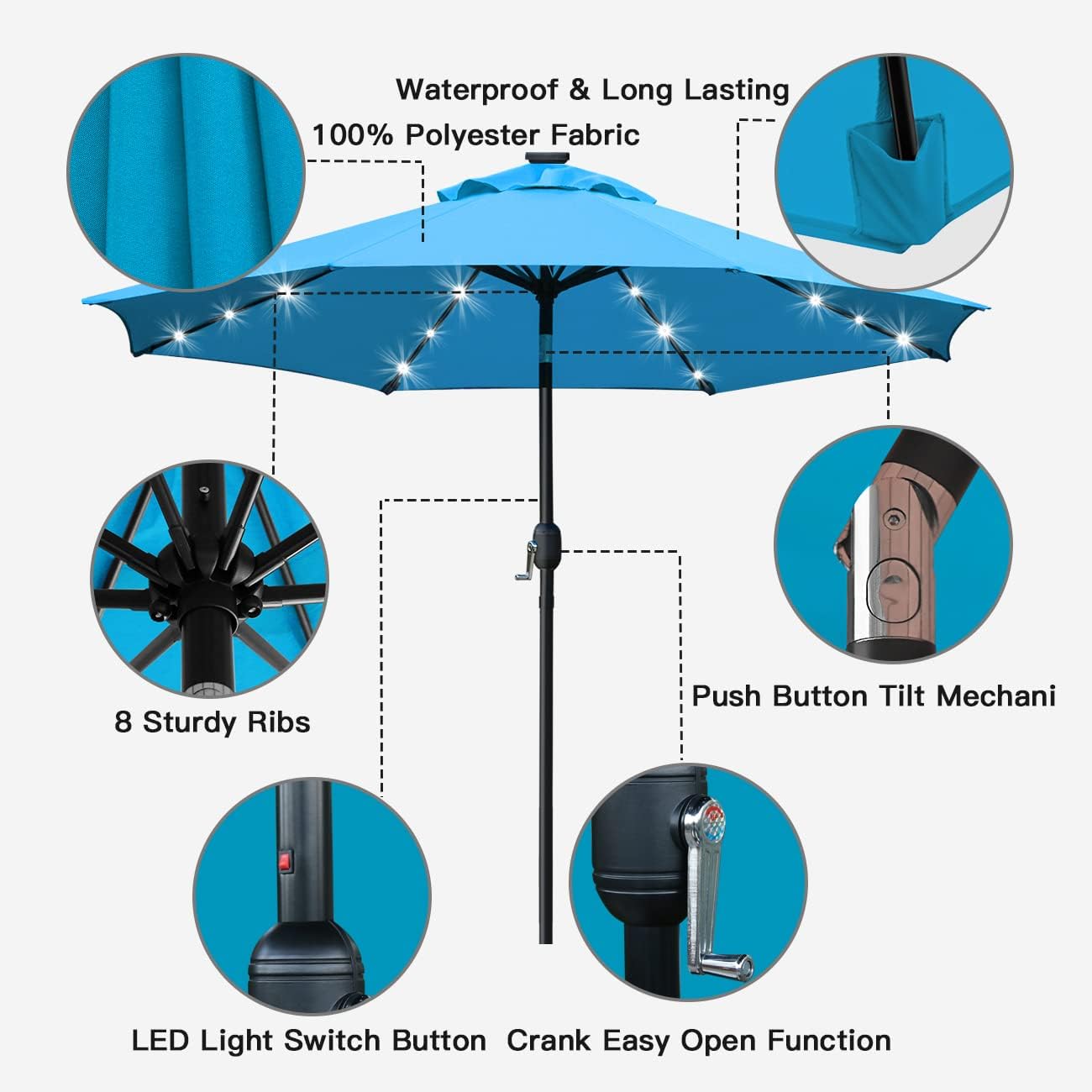 Sunnyglade 9' Solar LED Lighted Umbrella with 8 Ribs Adjustment and Crank Lift System for Patio(Blue)