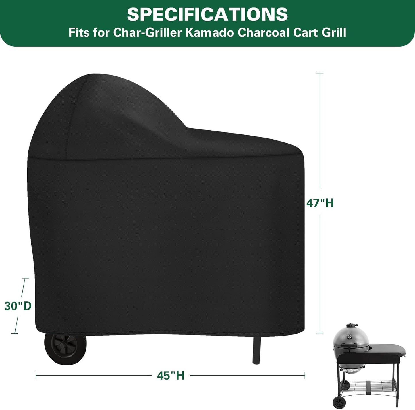 Grill Cover Fits for Char-Griller AKORN Kamado Grill with Cart, 600D Heavy Duty BBQ Grill Cover Charcoal Grill Cover Waterproof Outdoor Grilling Cover, Model 6555