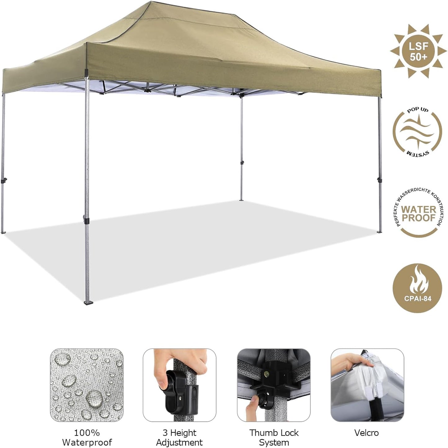 COBIZI 10x15 Heavy Duty Pop up Canopy Tent Easy Up Commercial Outdoor Canopy Wedding Party Tents for Parties All Season Wind & Waterproof Gazebo with Carry Bag, Khaki(Frame Thickened)