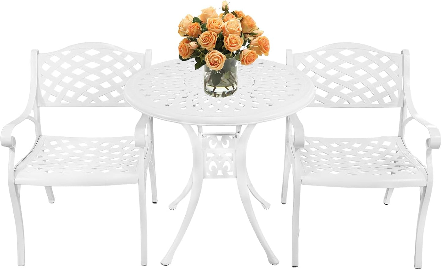 Outdoor Patio Table and Chairs Patio Dining Furniture Set Cast Aluminum Outdoor Table and Bistro Chairs for Garden (White, 3 Piece Round Table Set)