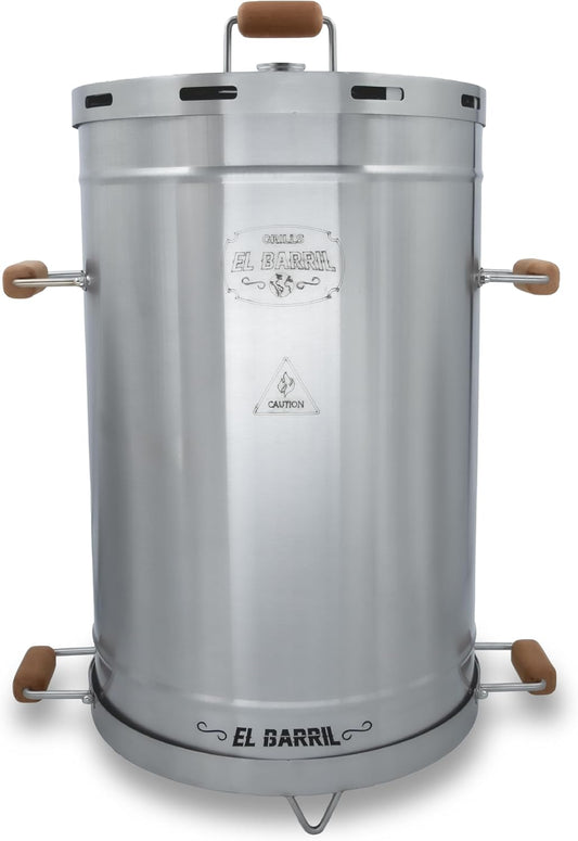 El Barril Lite Large Barrel Smoker Grill, Stainless Steel 430, 45 lb Capacity, 14 Meat Hooks, Upper Grill and Handler, Outdoor Vertical Charcoal BBQ (Lite 45LBS Large)