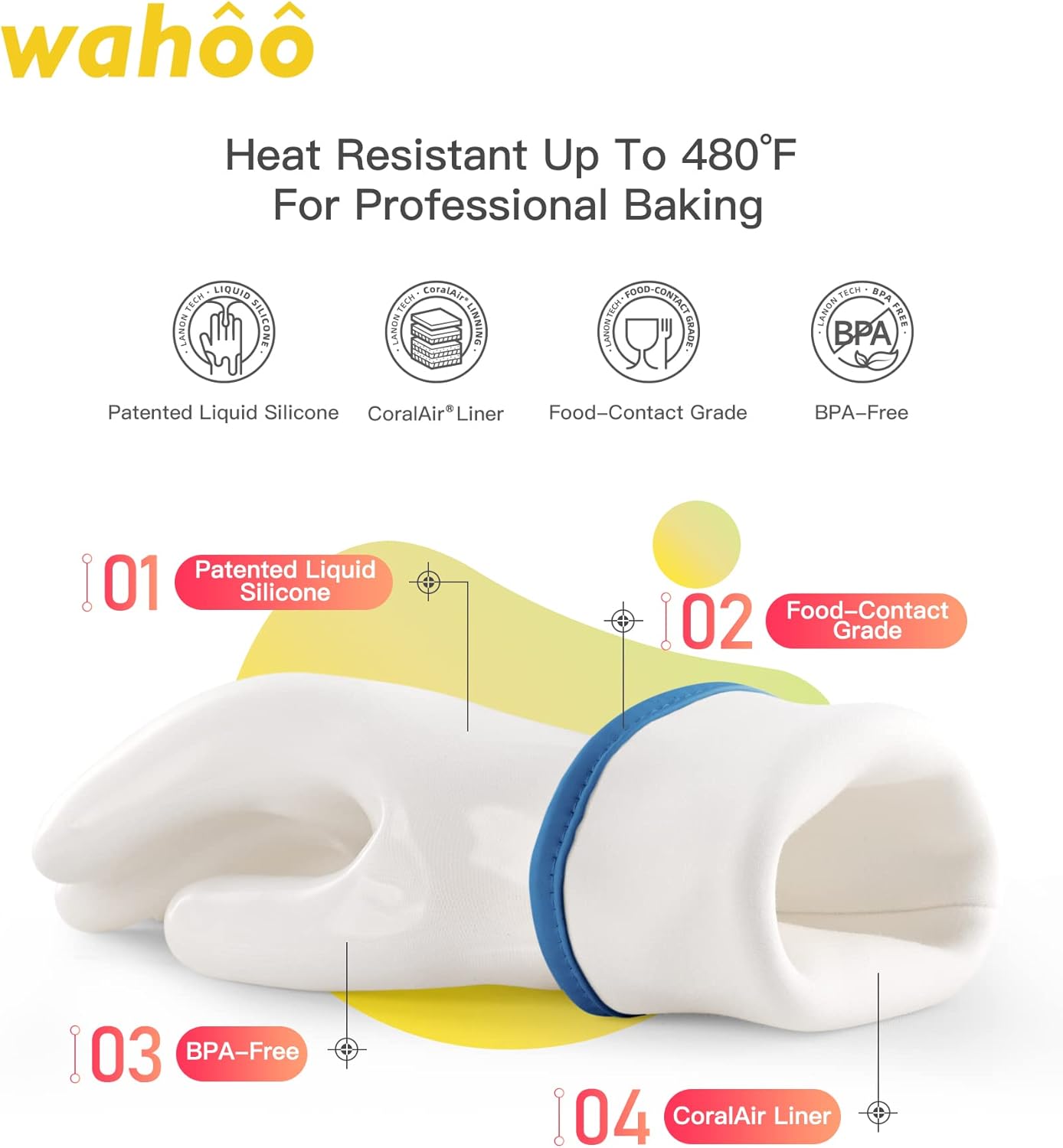wahoo Professional Liquid Silicone Oven Mitts Gloves, Heat Resistant Gloves for Cooking, Baking, CoralAir Liner, 12 Inch, White, XXL