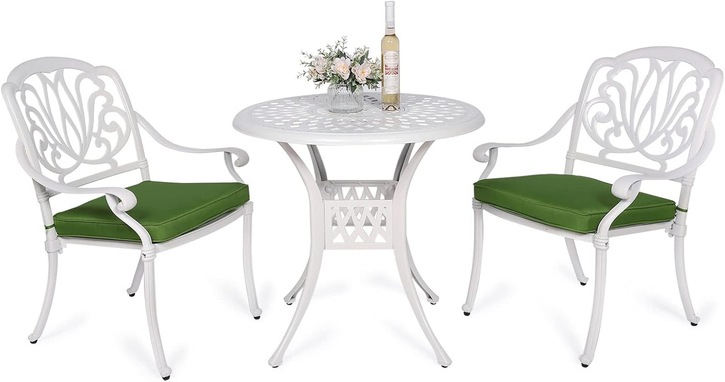 VIVIJASON 3-Piece Patio Bistro Sets, All-Weather Cast Aluminum Bistro Table Set Outdoor Patio Furniture, Include 2 Cushioned Chairs and 31" Round Table, 2" Umbrella Hole, White