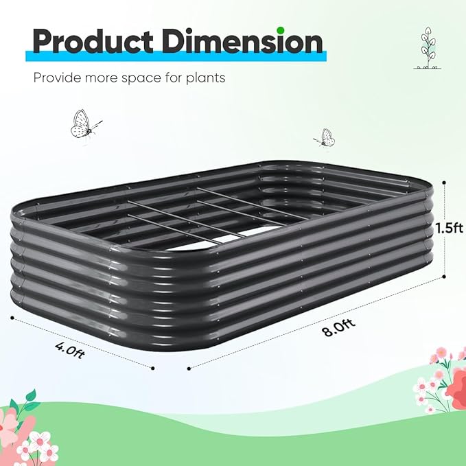 Quictent Galvanized Raised Garden Bed Kit, 8x4x1.5 ft Oval Metal Planter Box Tall for Vegetables Outdoor Backyard, Rubber Strip Edging Included (Dark Gray)