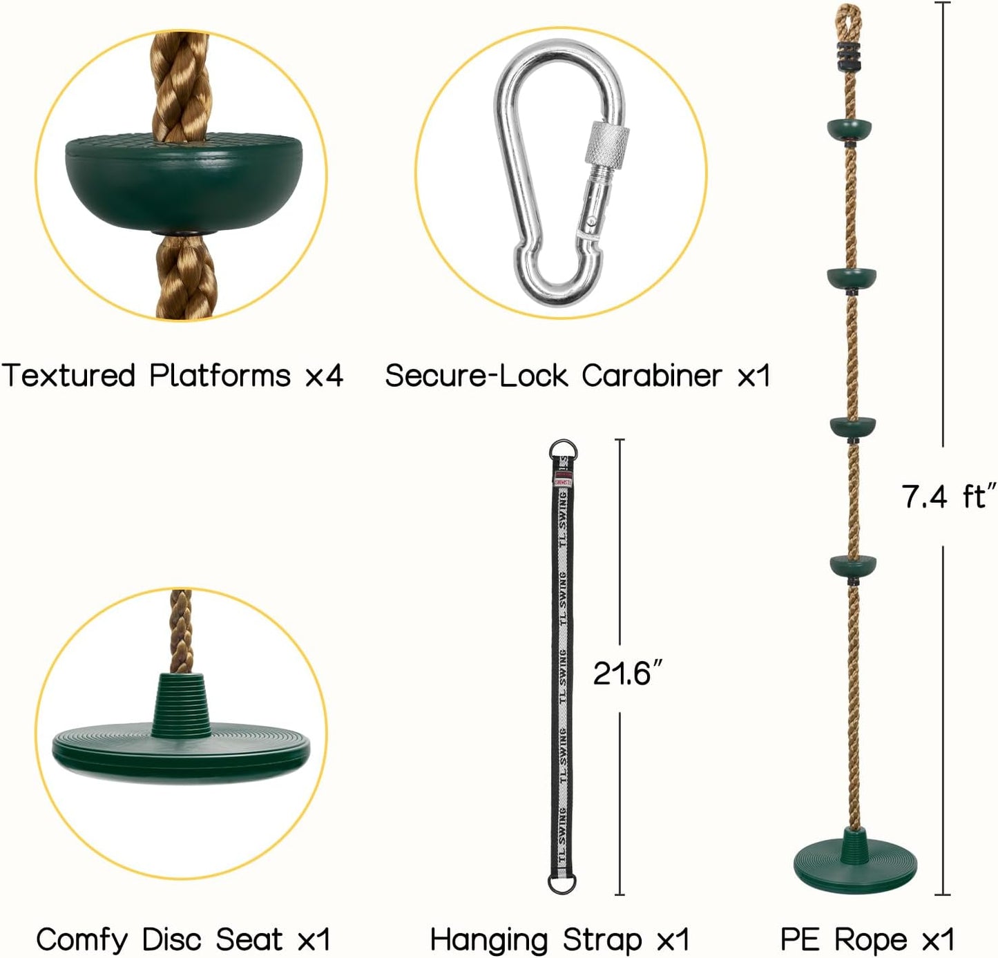 DECORLIFE Tree Swing for Kids, Adjustable Rope Swing Disc Swing for Outside with Platform Carabiners and Strap Outdoor, Playground Accessories, Green