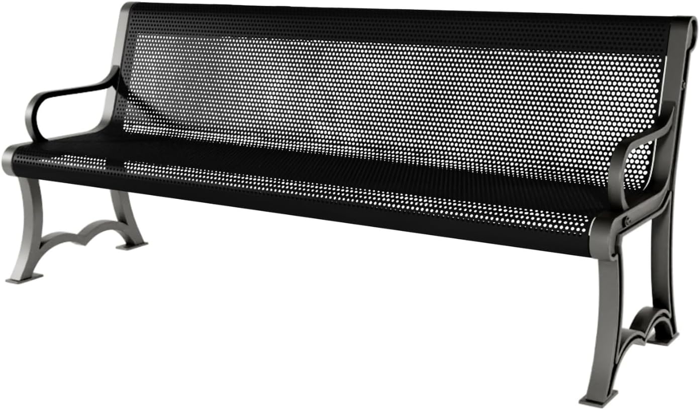Coated Outdoor Furniture Heavy-Duty Outdoor Bench Thermoplastic Coated, Punched Steel, Commercial-Grade Garden Bench, Made in America (Portable with Back, 6 Ft, Textured Black)