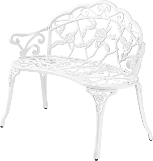 VINGLI 38.5" Patio Park Garden Outdoor Metal Rose Bench,Cast Iron Cast Aluminium Frame Antique Finish Chair,Accented Lawn Front Porch Path Yard Decor Deck Furniture for 2 Person Seat（White