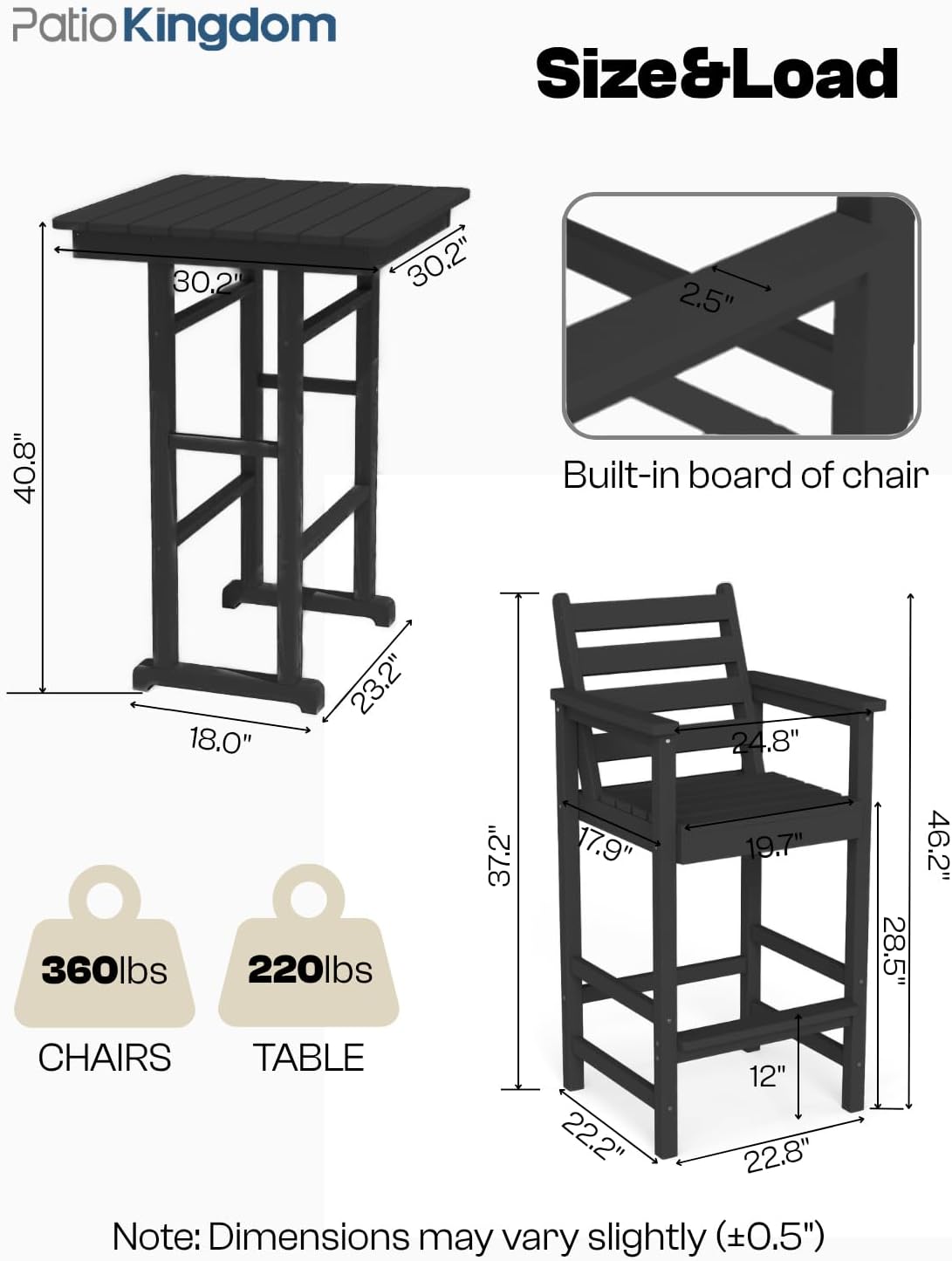 Outdoor Bar Set, 3-Piece HDPE Balcony Set with 2 Tall Adirondack Chairs and Bar Table, All-Weather Bar Height Stools for Patio, Backyard, Poolside (Black)