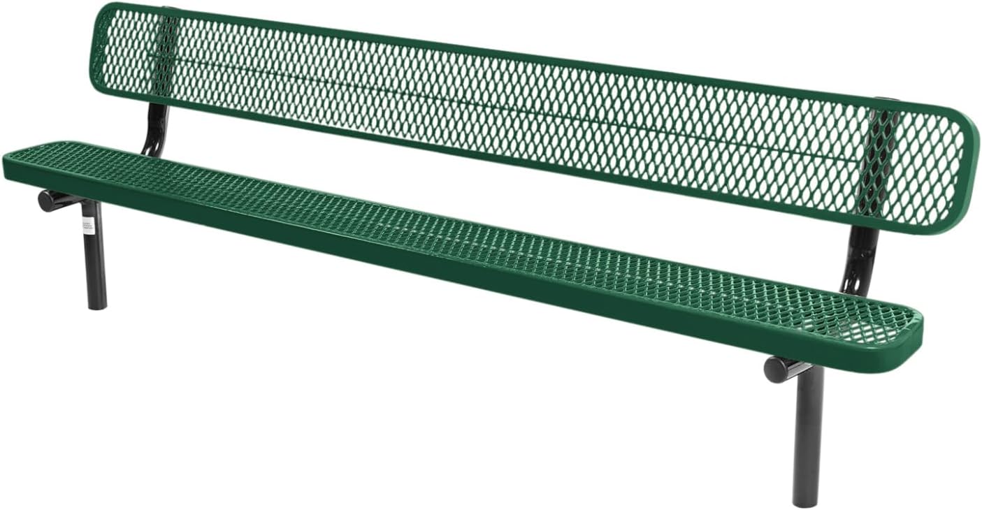 Coated Outdoor Furniture Heavy-Duty Outdoor Bench Thermoplastic Coated, Expanded Metal, Commercial-Grade Seating, Made in America (Inground with Back, 8 Ft, Textured Green)