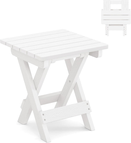 LUE BONA Small Outdoor Folding Side Table, HDPS Outside End Table for Patio, Porch, Deck, Pool, 14 Inch Height, White