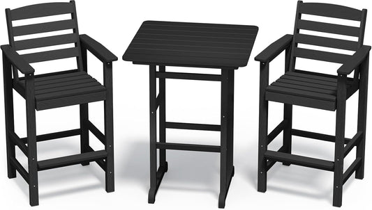 SERWALL Balcony Adirondack Chairs and Table 3 Pieces Set, Adirondack Bar Height Chairs Set of 2 and Bar Table, Outdoor Bar Stools Set for Bistro, Poolside, Backyard, Black