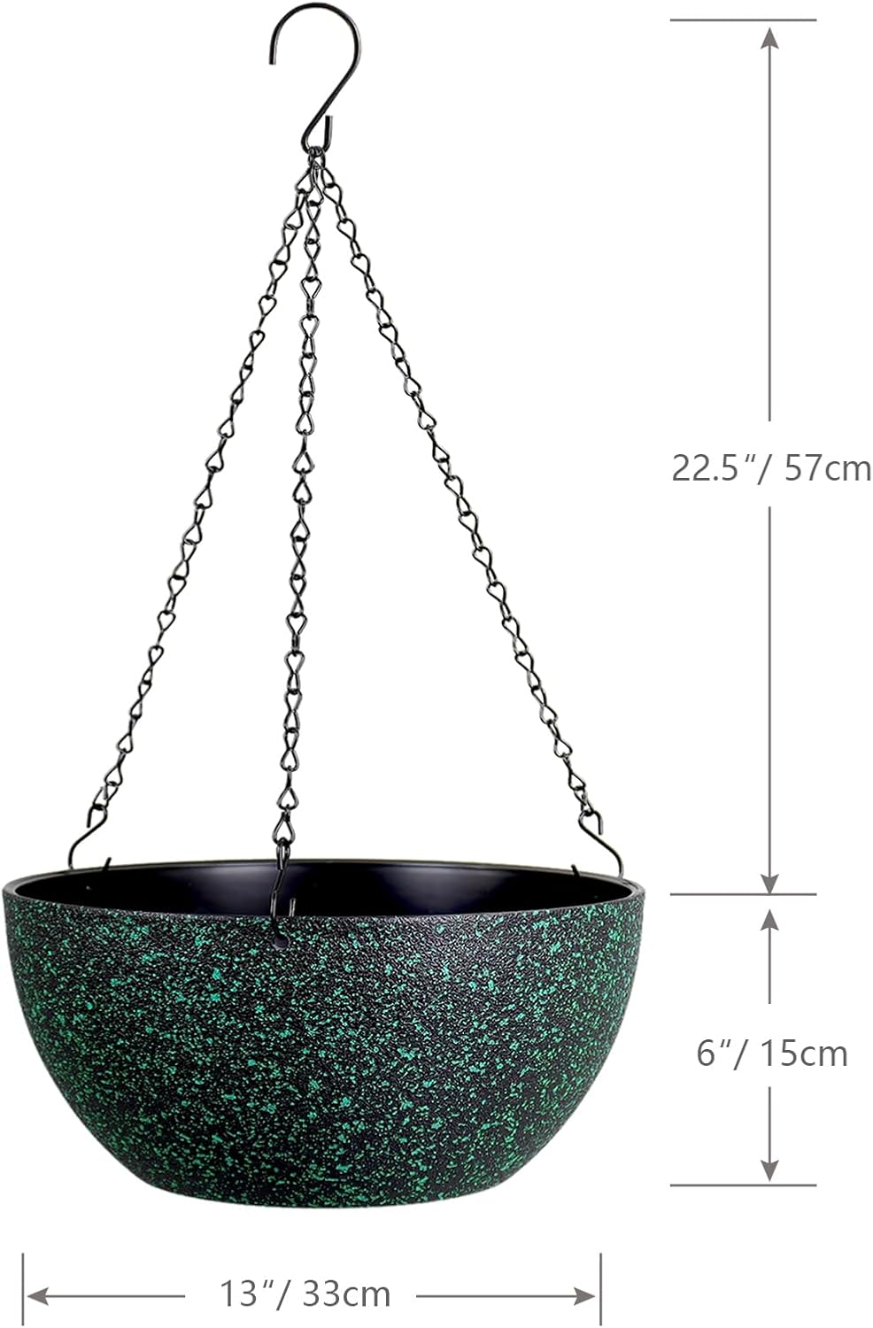13inch Large Hanging Planters Pots for Outdoor Indoor Plants with Drainage Holes and Chain, 2pack Round Hanging Flower Pots for Garden Home Porch Decor, Black with Green Speckles
