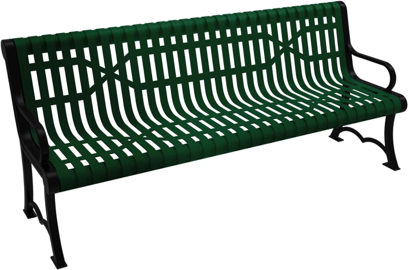 Coated Outdoor Furniture Heavy-Duty Outdoor Bench Thermoplastic Coated, Slated Steel, Commercial-Grade Garden Bench, Made in America (Portable with Back, 6 Ft, Green)