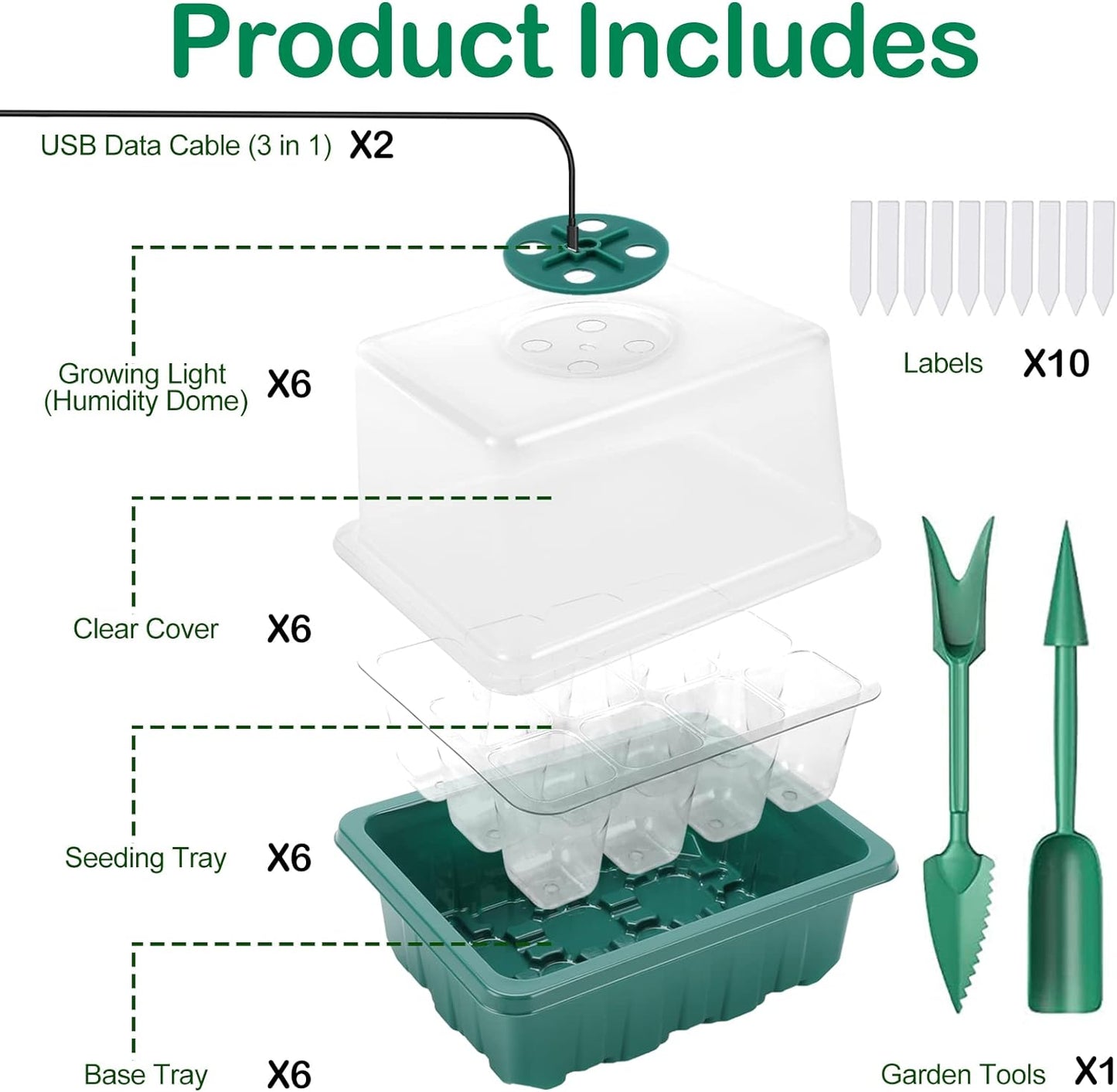 Seed Starter Tray with Light, 6PCS Seed Starter Kit with Grow Light, Seedling Starter Trays with Humidity Domes, Covers Height 3.9", Indoor Gardening Plant Germination Trays (12 Cells per Tray)