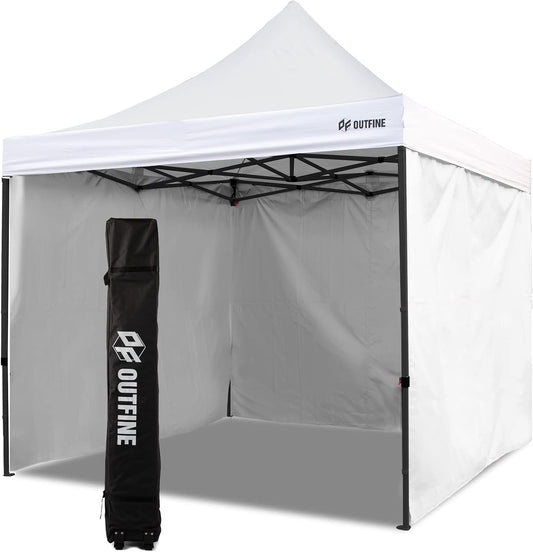 OUTFINE Heavy Duty Canopy 10x10 Pop Up Commercial Canopy Tent with 3 Side Walls Instant Shade, Bonus Upgrade Roller Bag, 4 Weight Bags, Stakes and Ropes (White, 10 * 10FT)
