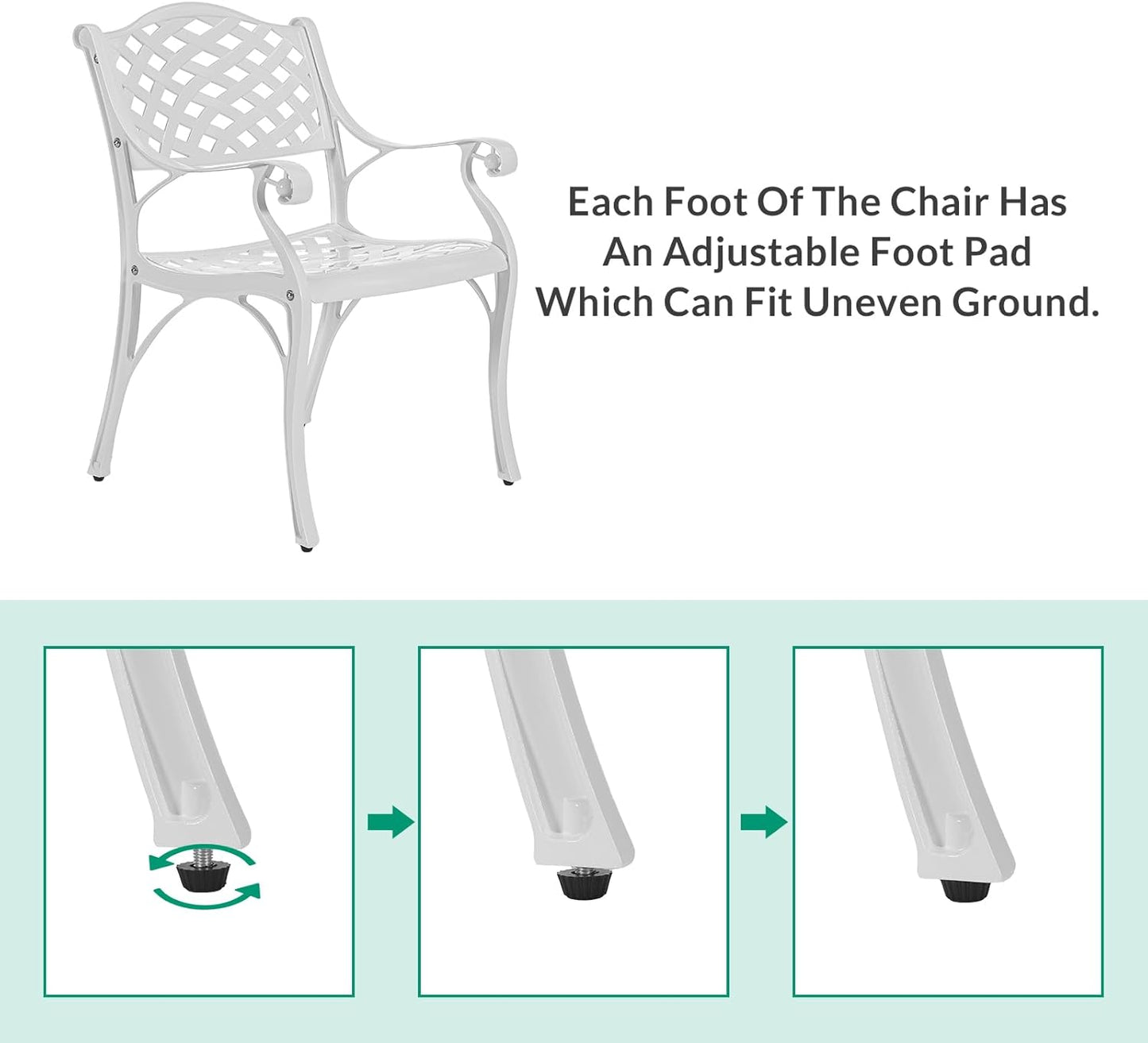 VIVIJASON 3-Piece Patio Furniture Dining Set, All-Weather Cast Aluminum Outdoor Bistro Set, Include 2 Dining Chairs and 31" Round Table w/ 2" Umbrella Hole for Balcony, Lawn, Garden, Backyard, White
