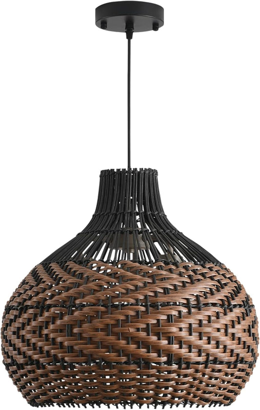 3-Light Rattan Pendant Light,15" Hand-Woven Black Brown Faux Rattan Hanging Light Boho Wicker Basket Chandelier,for Living Room Bedroom Kitchen Dining Farmhouse 1-Pack