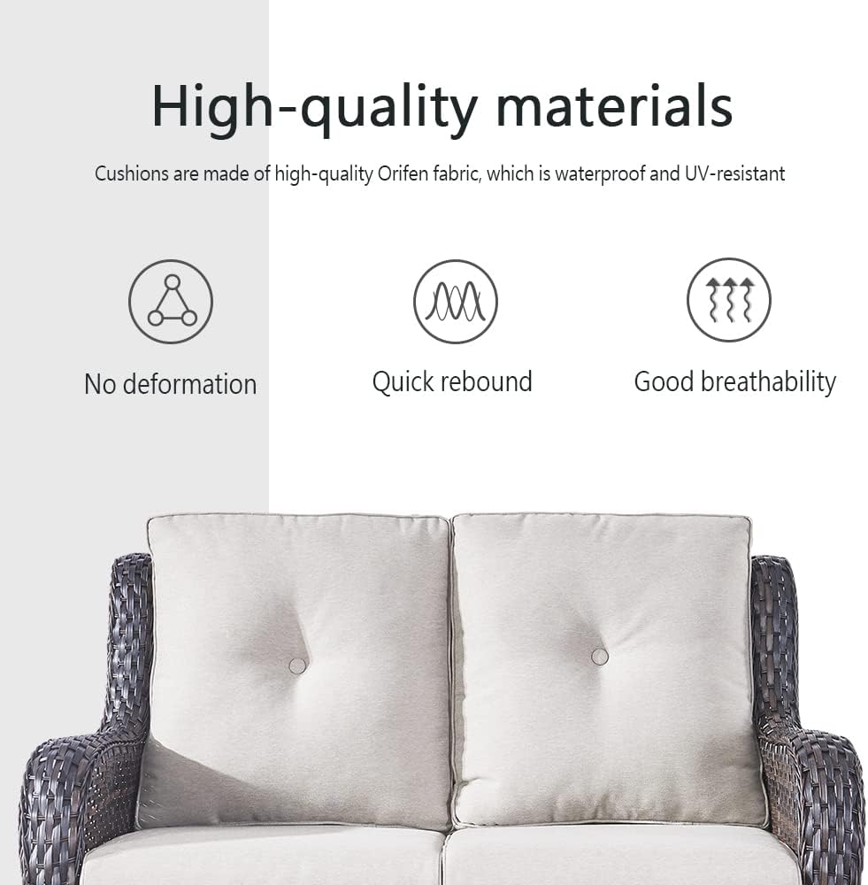 5 Piece Outdoor Patio Furniture Set - Wicker Furniture Patio Conversation Set, Outdoor Swivel Rocker Chairs with Loveseat Sofa and 2 Ottomans for Small Space, Beige Cushion