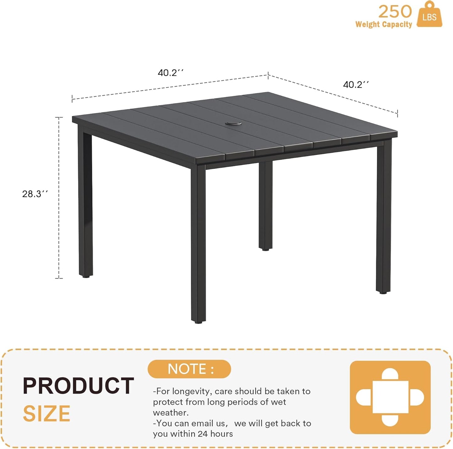 VICLLAX 40.2" Square Patio Dining Table for 4, Outdoor Table with Umbrella Hole, All Weather Metal Patio Table, Black Tabletop