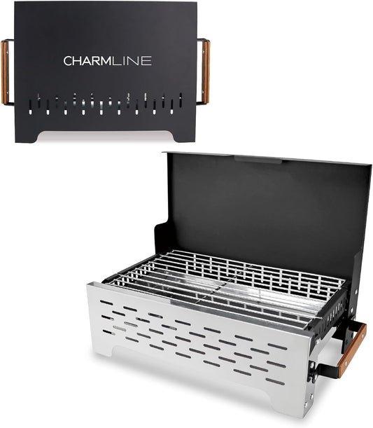 Charmline 19x13in Foldable Portable Grill Charcoal, Compact Grills for Outdoor Use, Desktop Charcoal Grill for Indoor Use, BBQ Grill for Camping, Picnics, Gardens and Beach Parties, Black