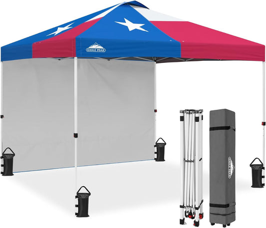 EAGLE PEAK Pop Up Canopy Tent with 1 Sidewall, Easy Setup Event Tent, Outdoor Sun Shade, Wheeled Carry Bag, Stakes and Guy Ropes, Instant Canopy 10x10, Tex Flag