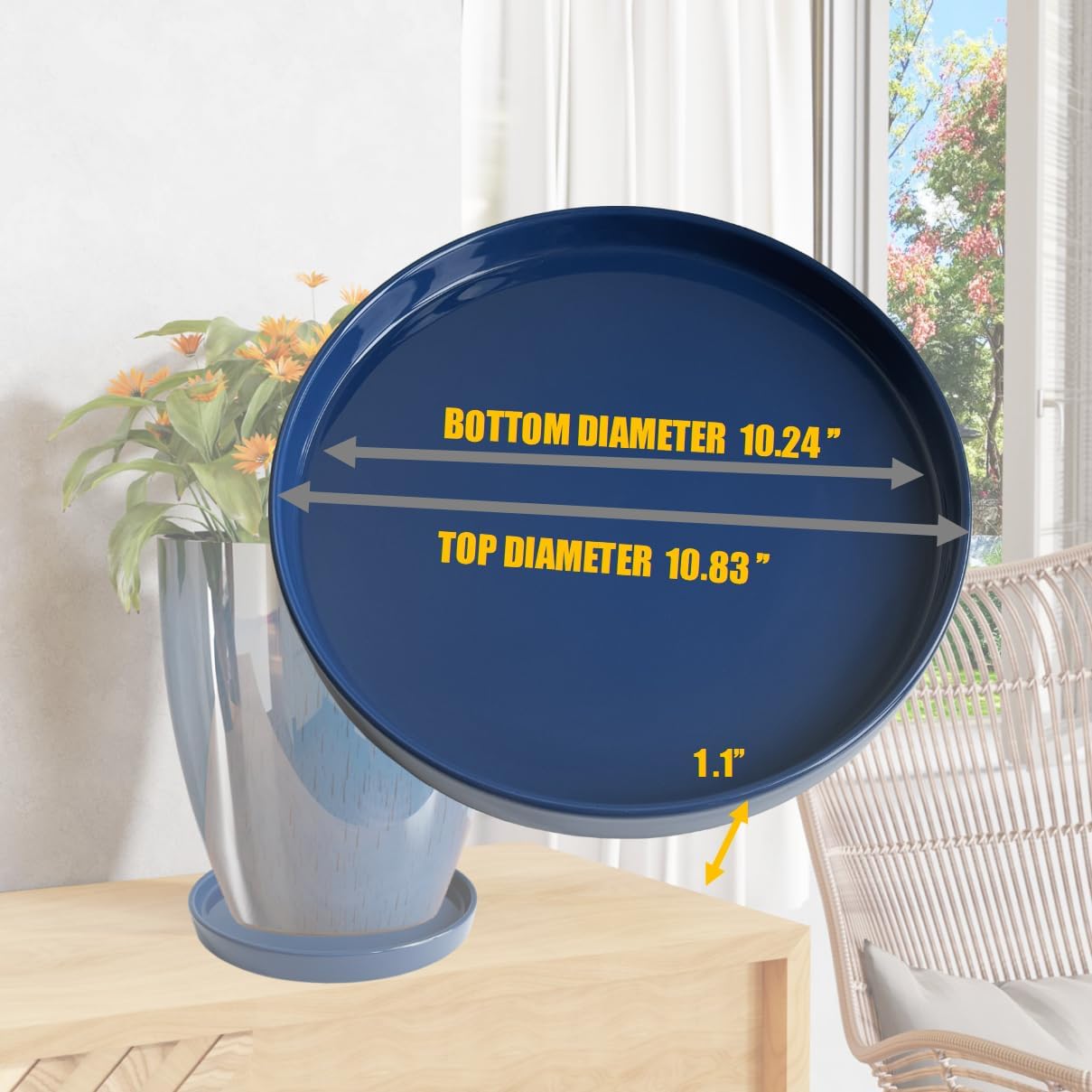 Ceramic Plant Saucer Pot Tray 10 Inch, Planter Saucers 4 5 6 7 8 9 10 11 12 13 Inch for Indoors Outdoor, Durable Sturdy Flower Drainage drip Water Tray for Glazed Pots Base (10.7 Inch-Blue)