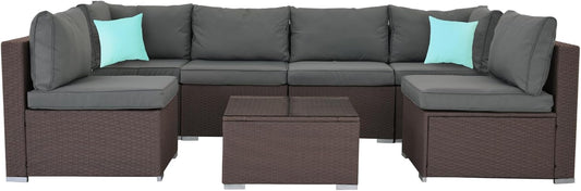 7-Piece Patio Furniture Set - Outdoor Sectional Sofa Set with Cushions and Glass-Top Coffee Table for Gardens, Poolside, Backyards and Porches, Wine/Grey