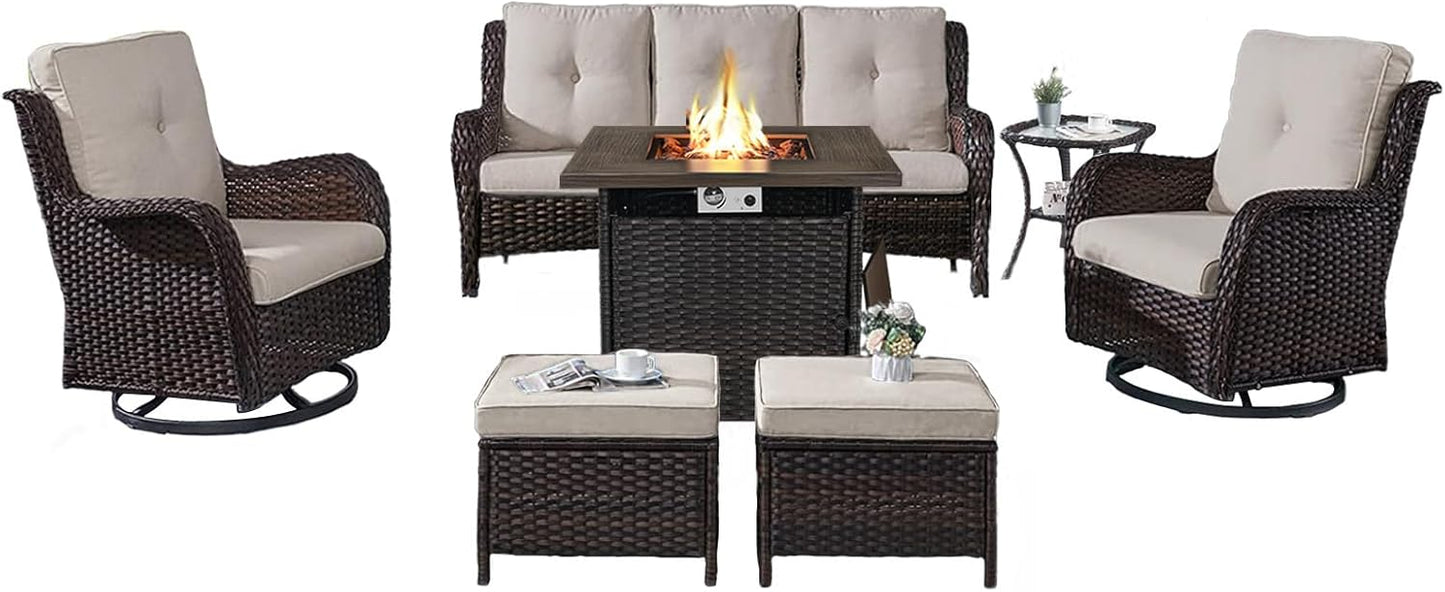 Outdoor Patio Furniture Set with Propane Fire Pit Table, 7 Pieces Wicker Patio Conversation Set with 2 Swivel Glider Rocker Chair Rattan Sofa Beige Cushion Perfect for Casual Gathering
