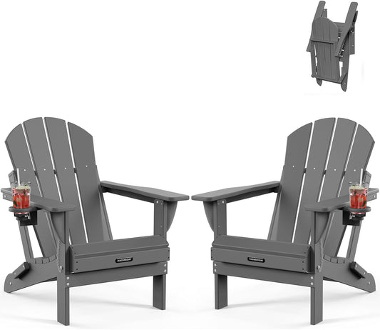 MUCHENGHY Folding Adirondack Chairs Set of 2 HDPE Weather Resistant, Patio Firepit Chairs, Sturdy Outside Chairs, Lawn Chairs, 15min Assembly 380lb Grey