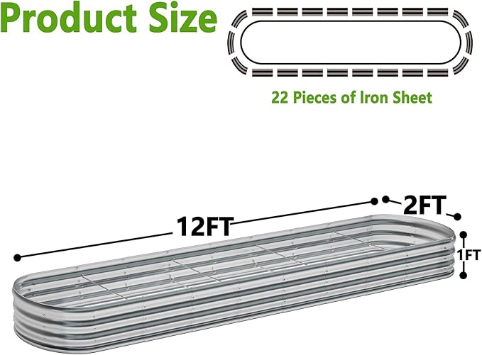 zizin 2 Pack Galvanized Raised Garden Bed Metal Oval Raised Garden Beds Outdoor Planter Box for Vegetables (12x2x1FT, Silver)