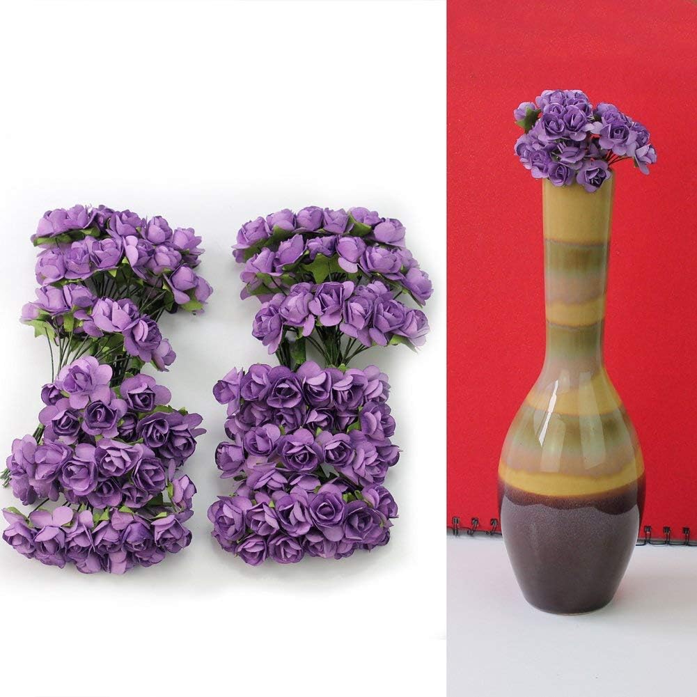 Mini Fake Rose Flower Heads 144pcs Mini Artificial Mulberry Paper Roses Flower with Wire Stem DIY Wedding Flowers Accessories Make Bridal Hair Clips Headbands Dress (Purple)
