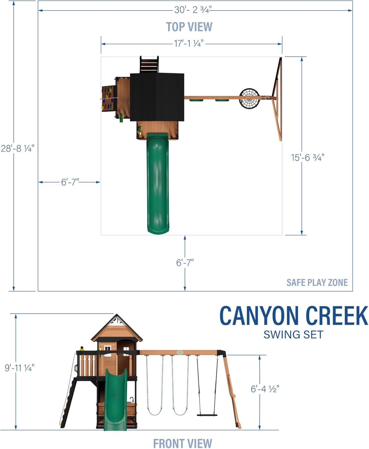 Backyard Discovery Canyon Creek Cedar Wood Swing Set with Wave Slide, Clubhouse, Play Kitchen, Picnic Area, Belt Swings, Web Swing, Rock Wall, Balconies, Playhouse, Step Ladder, Outdoor Playset