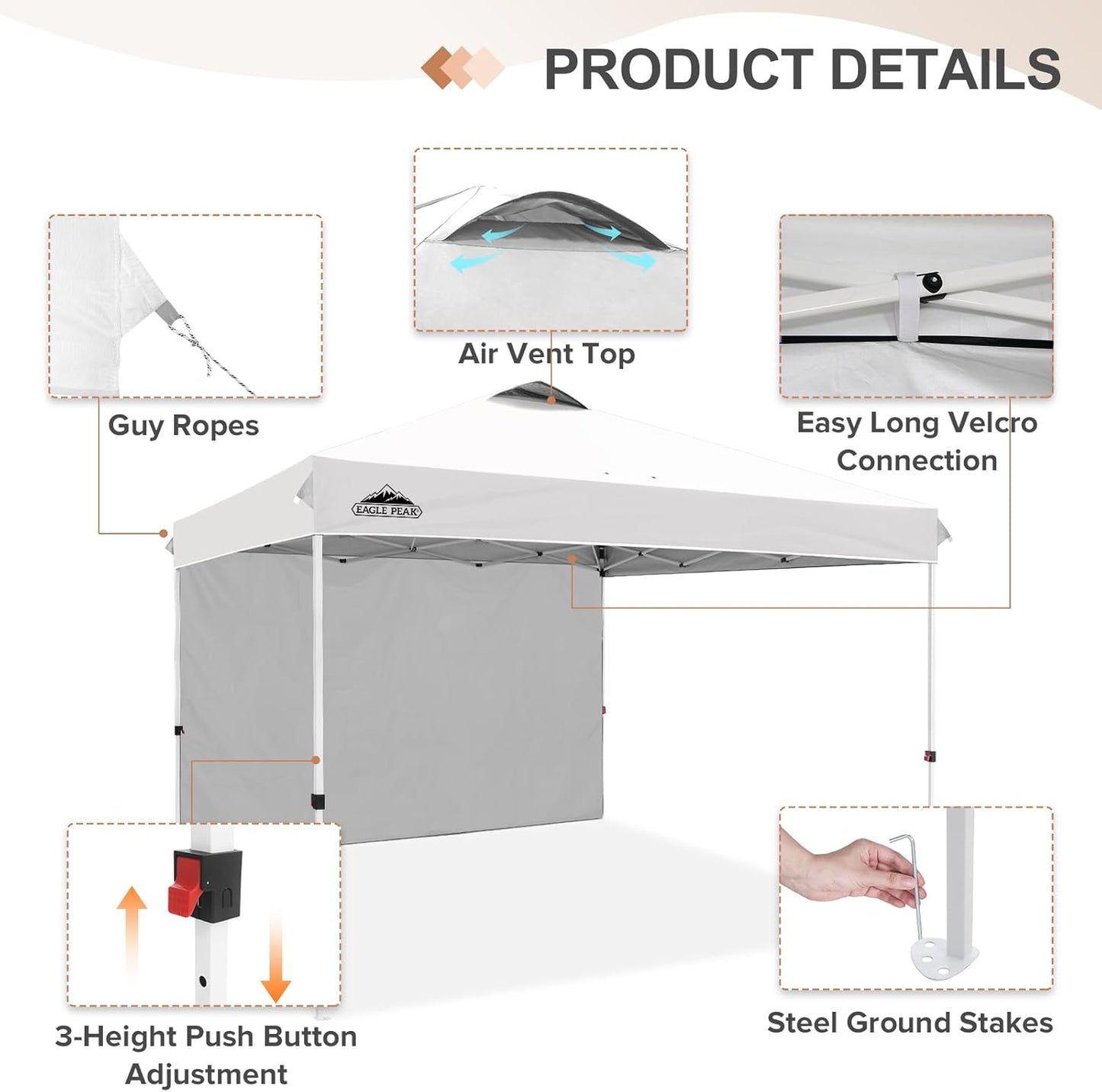 EAGLE PEAK Pop Up Canopy Tent with 1 Sidewall, Easy Setup Event Tent, Outdoor Sun Shade, Wheeled Carry Bag, Stakes and Guy Ropes, Instant Canopy 12x12, White